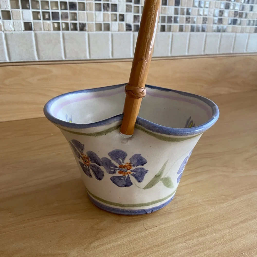 Handcrafted ceramic rustic farmhouse pottery basket and candlestick room accents